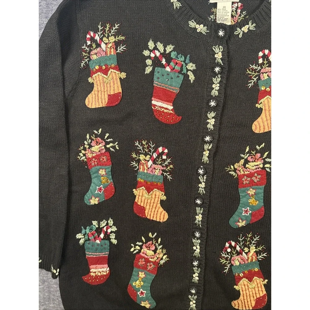 Vintage Stitches In Time Christmas Embroidered Cardigan Sweater Size‎ 2X Women